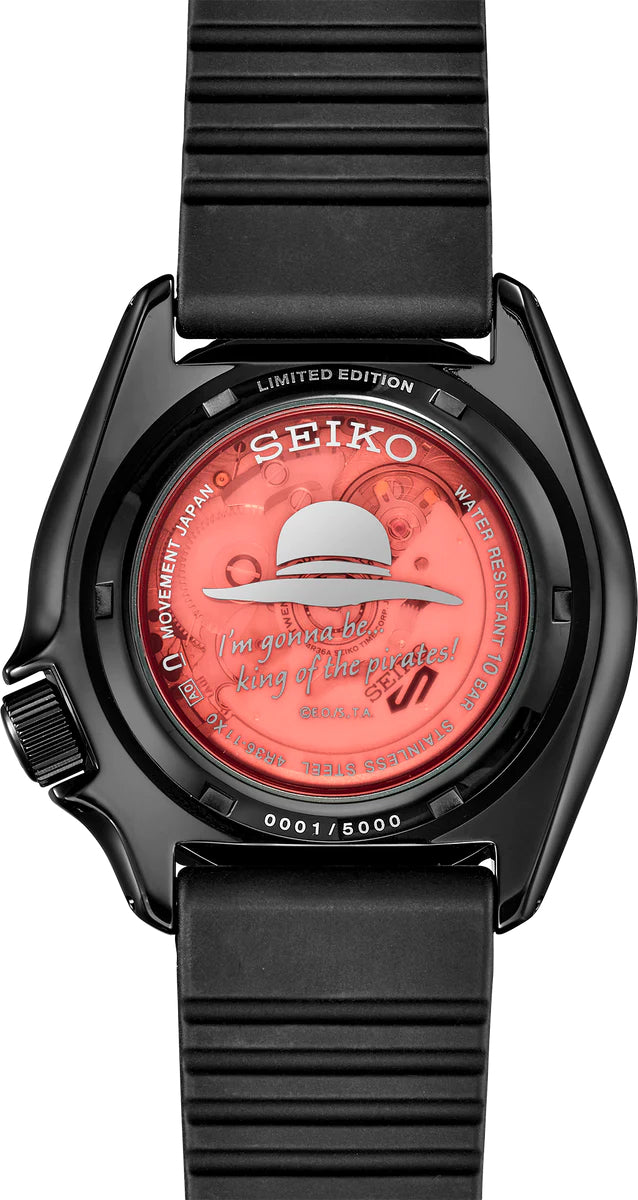 SEIKO 5 Sports One Piece Monkey D. Luffy Limited Edition – gray, black, and red patterned dial, red caseback with Luffy’s logo, black rotating bezel, automatic movement, and 100m water resistance.
