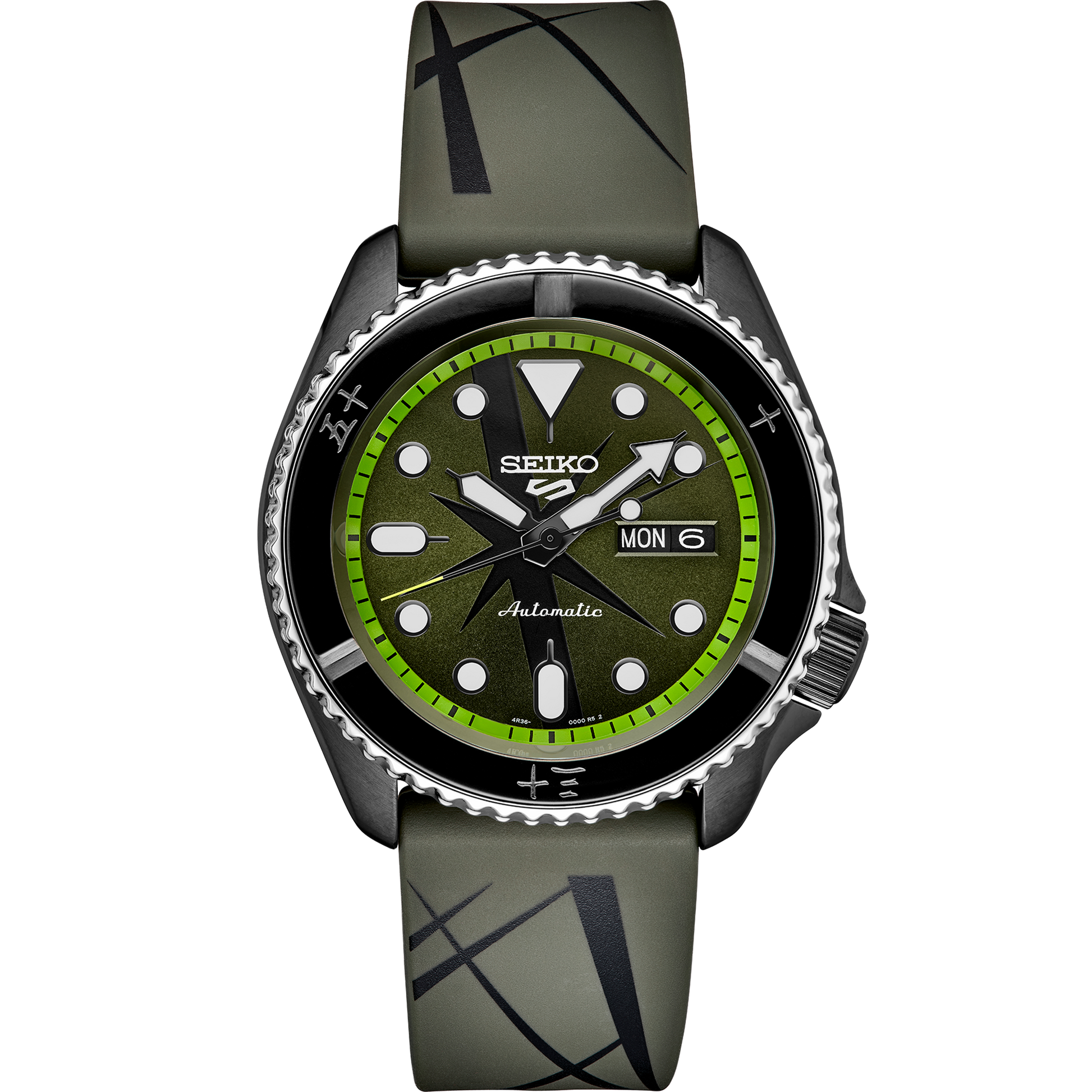 SEIKO 5 Sports One Piece Roronoa Zoro Limited Edition – black and gray patterned dial, green accents, rotating bezel, Zoro logo caseback, automatic movement, and 100m water resistance