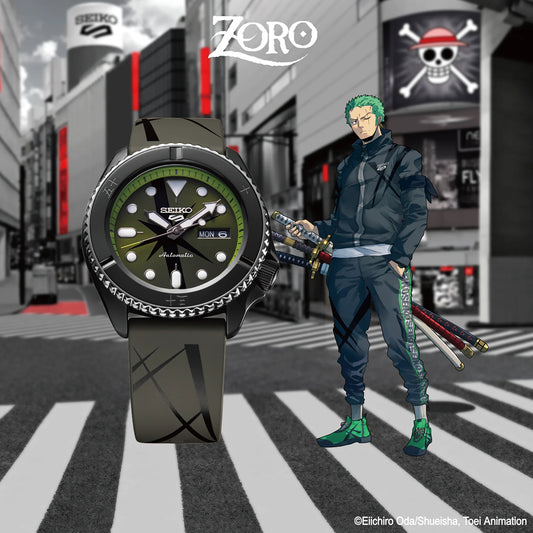 SEIKO 5 Sports One Piece Roronoa Zoro Limited Edition – black and gray patterned dial, green accents, rotating bezel, Zoro logo caseback, automatic movement, and 100m water resistance