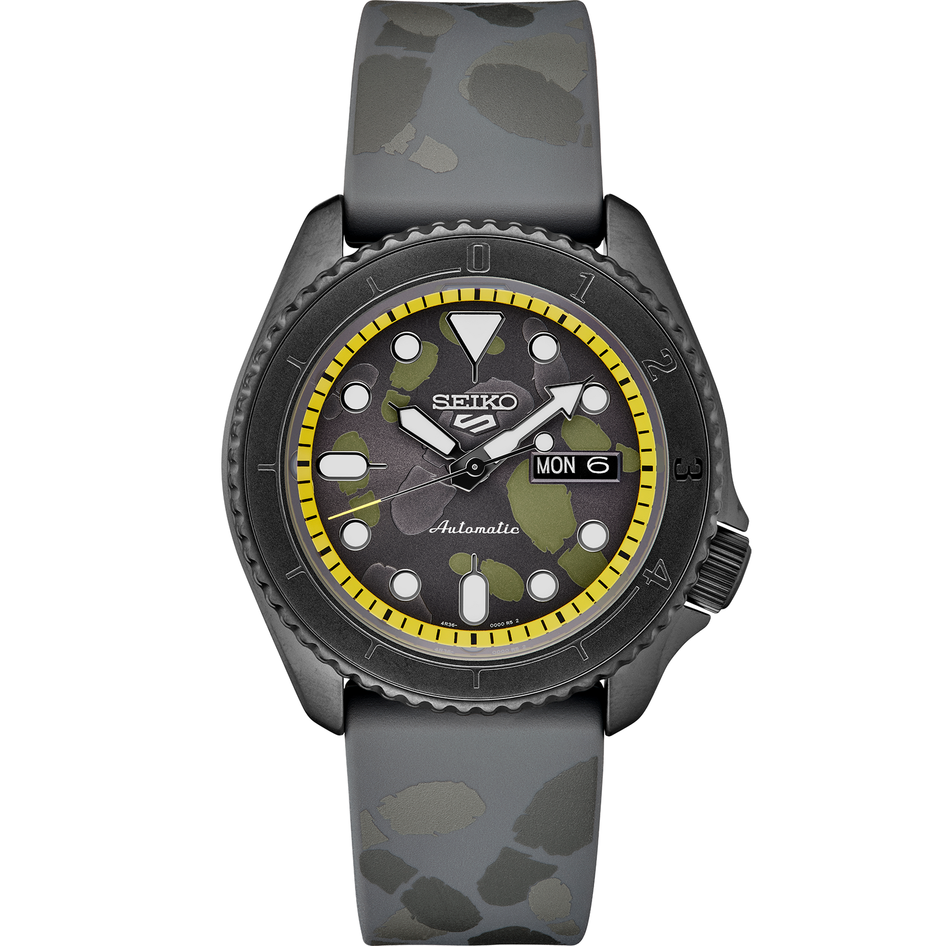 SEIKO 5 Sports One Piece Vinsmoke Sanji Limited Edition – gray and yellow patterned dial, yellow caseback with Sanji’s logo, black rotating bezel, automatic movement, and 100m water resistance.