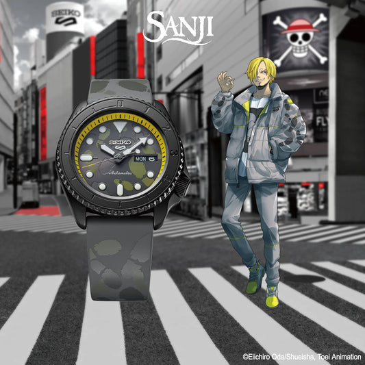 SEIKO 5 Sports One Piece Vinsmoke Sanji Limited Edition – gray and yellow patterned dial, yellow caseback with Sanji’s logo, black rotating bezel, automatic movement, and 100m water resistance.