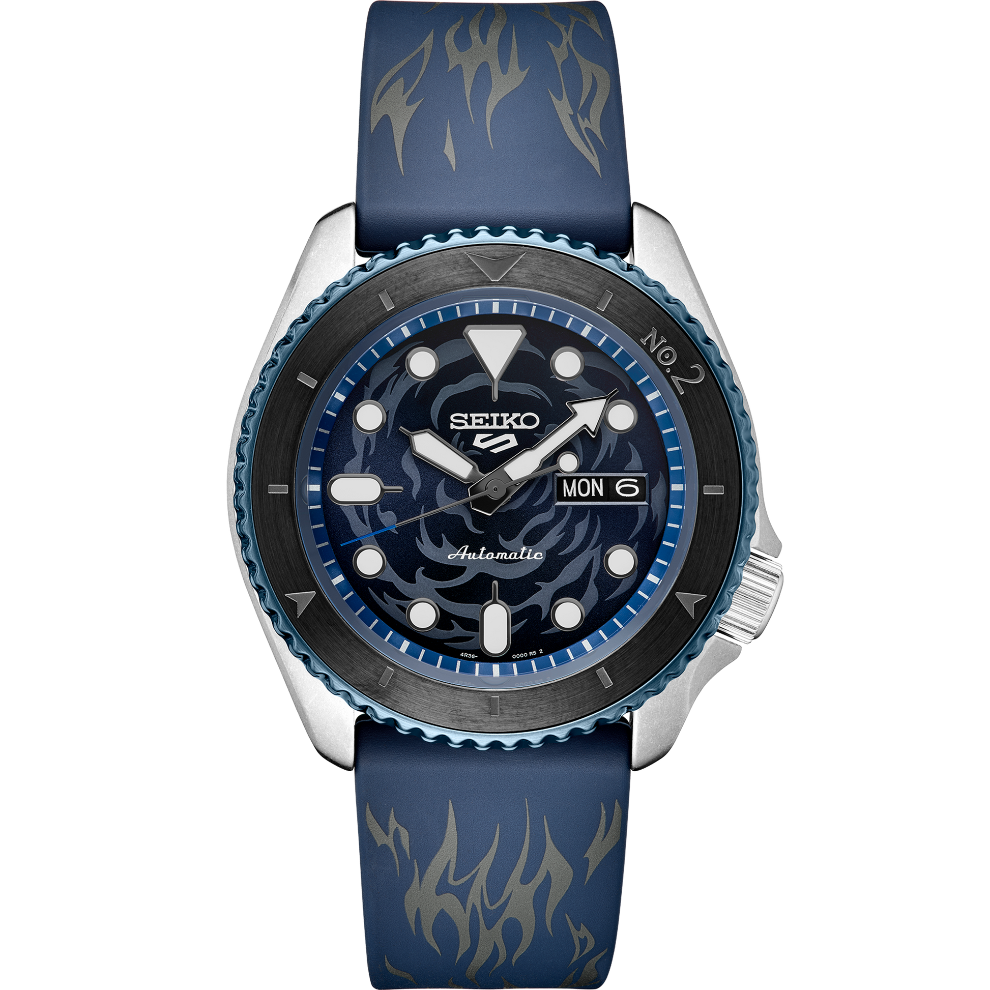 SEIKO 5 Sports One Piece Sabo Limited Edition – black and gray patterned dial with blue accents, blue caseback with Sabo’s logo, black and blue bezel, automatic movement, and 100m water resistance
