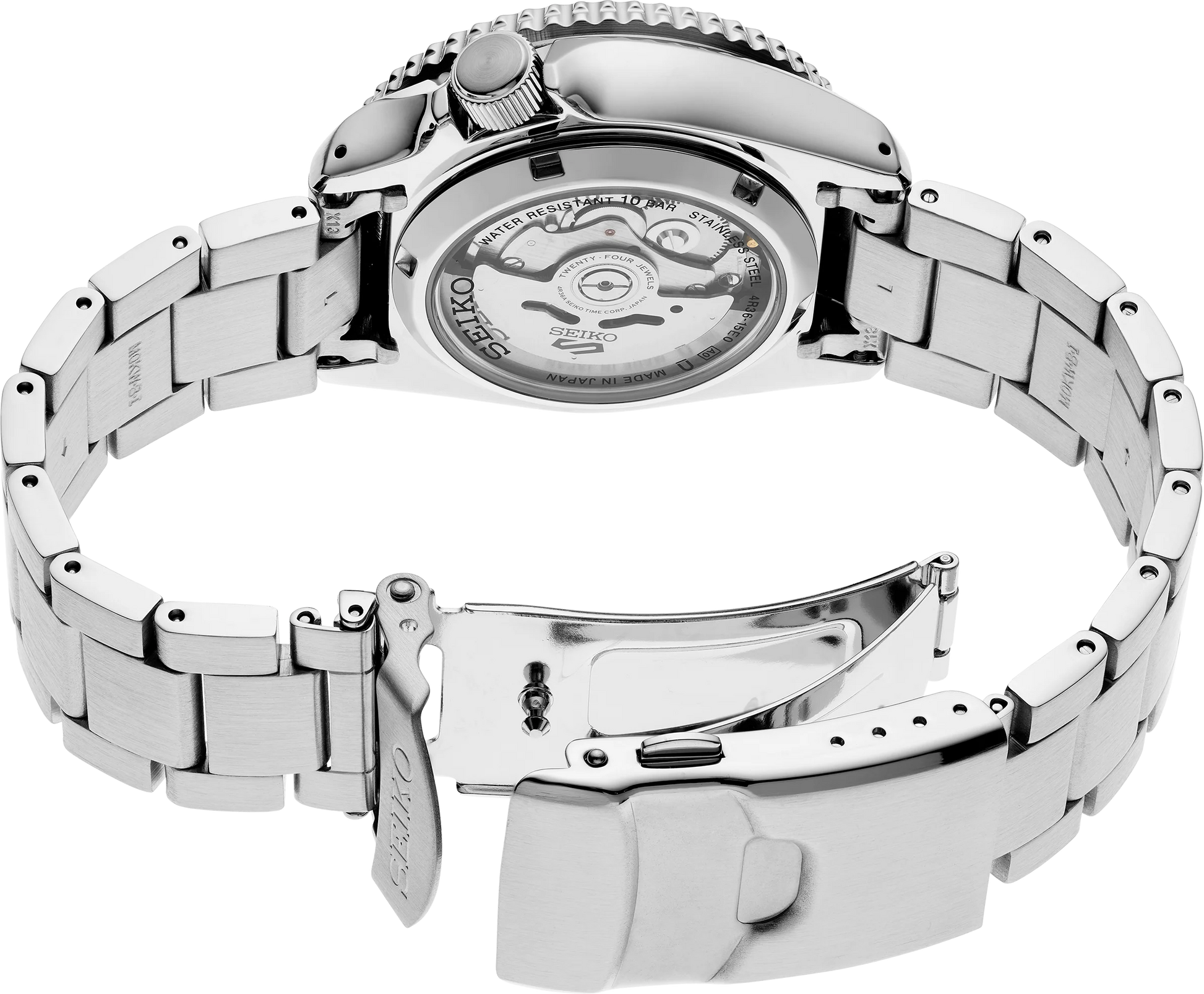 Seiko 5 Sports 55th Anniversary Special Edition automatic men's watch with silver dial, black and silver checkered rotating bezel, red-orange second hand, and stainless steel bracelet, inspired by the 1960s Seiko 5126-8130 model, available at Miseki Jewelry