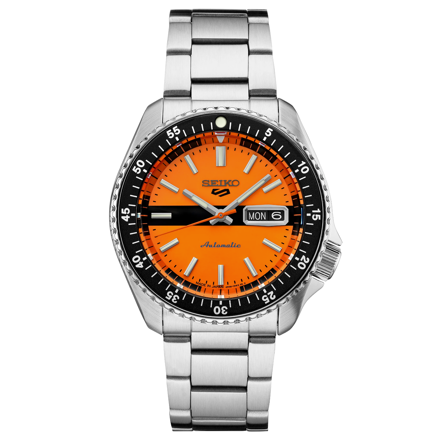 Seiko watch with orange dial and silver metal strap on a white background