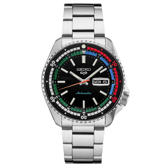 Seiko watch with a silver metal strap on a white background
