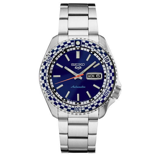 Seiko watch with blue dial and silver metal strap on a white background