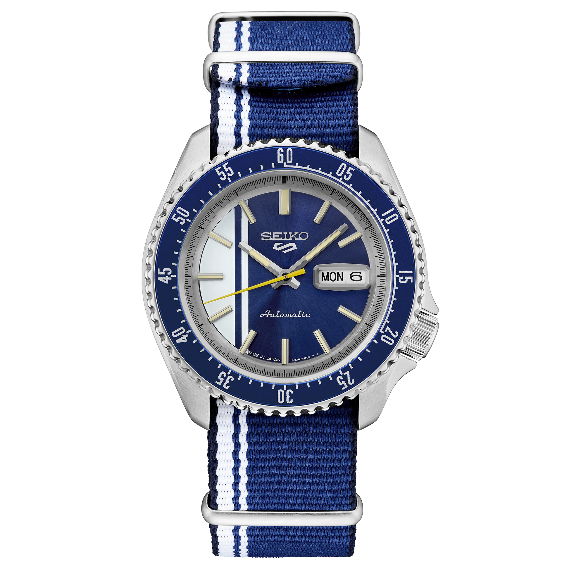 Seiko watch with blue strap and blue dial on a white background