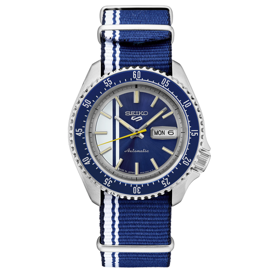 Seiko watch with blue strap and blue dial on a white background