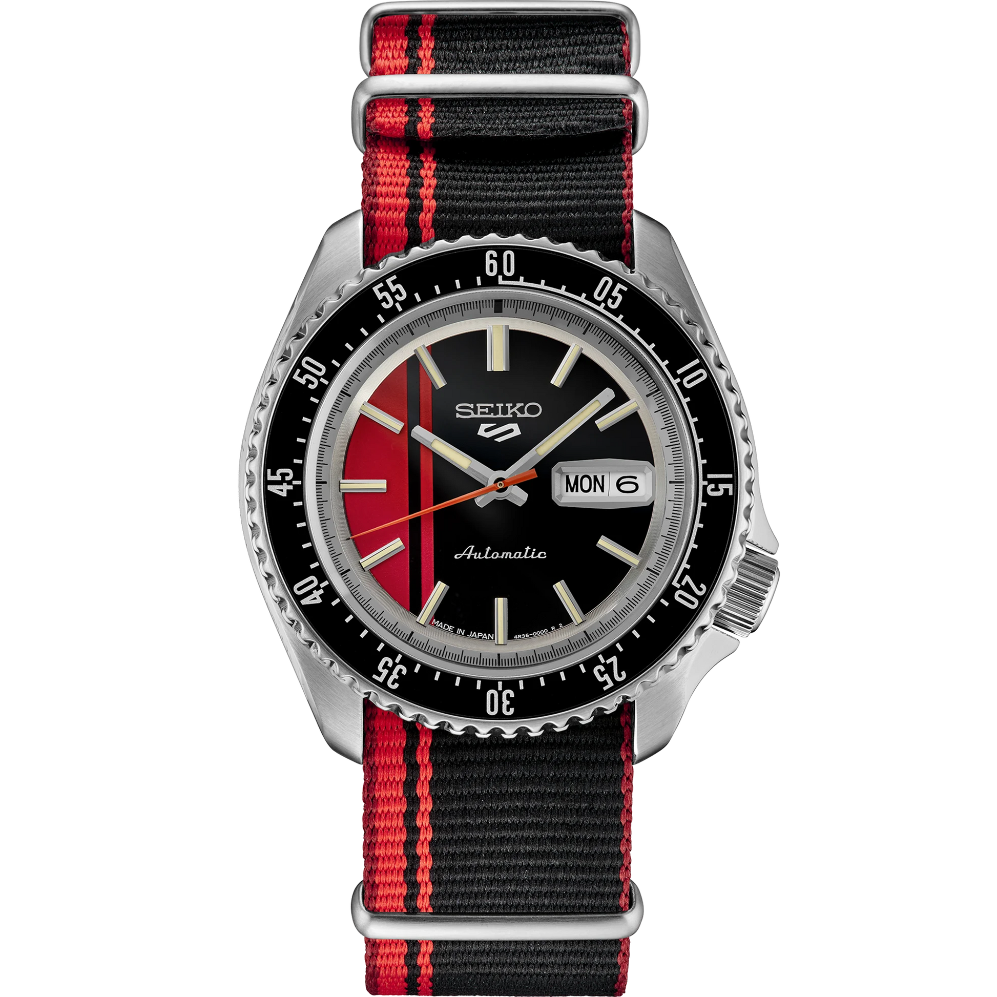 SEIKO SRPK71 U.S. Special Creation – black and red striped dial and nylon strap, inspired by vintage race cars, with a rotating bezel, automatic movement, and 100m water resistance.