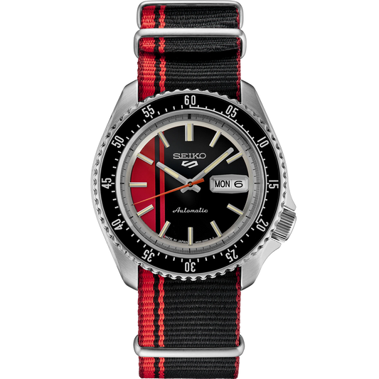 SEIKO SRPK71 U.S. Special Creation – black and red striped dial and nylon strap, inspired by vintage race cars, with a rotating bezel, automatic movement, and 100m water resistance.