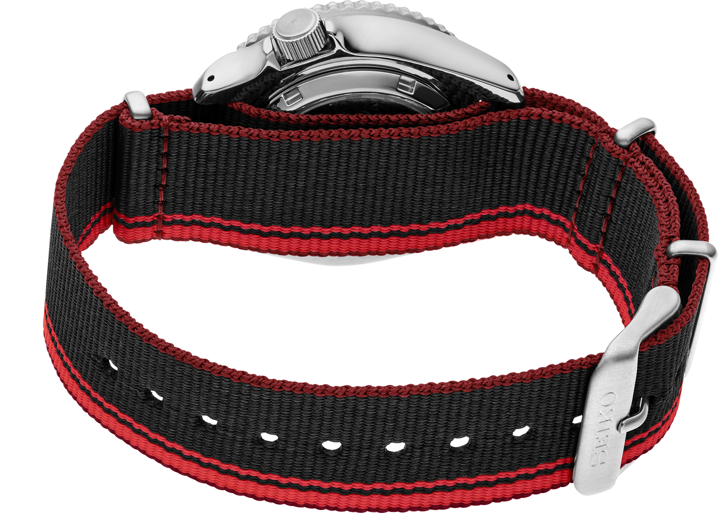 SEIKO SRPK71 U.S. Special Creation – black and red striped dial and nylon strap, inspired by vintage race cars, with a rotating bezel, automatic movement, and 100m water resistance.