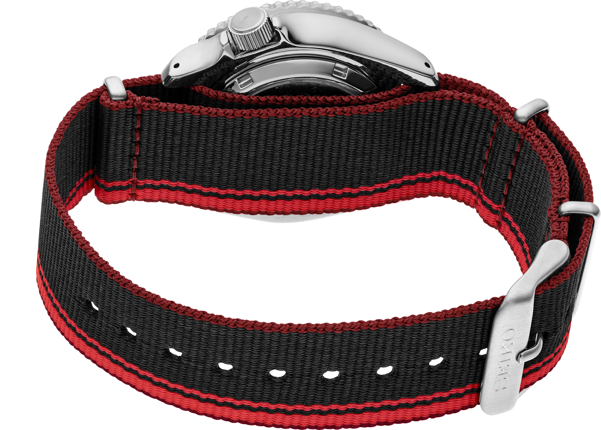 SEIKO SRPK71 U.S. Special Creation – black and red striped dial and nylon strap, inspired by vintage race cars, with a rotating bezel, automatic movement, and 100m water resistance.