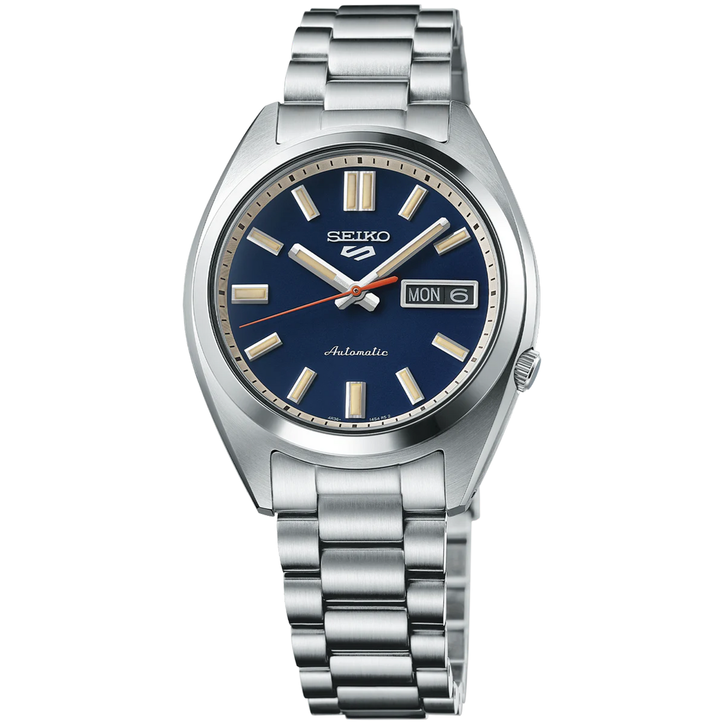 SEIKO SRPK87 from the Seiko 5 Sports collection – compact stainless steel case, deep blue dial with metallic accents, day/date display, automatic movement, and 100m water resistance.