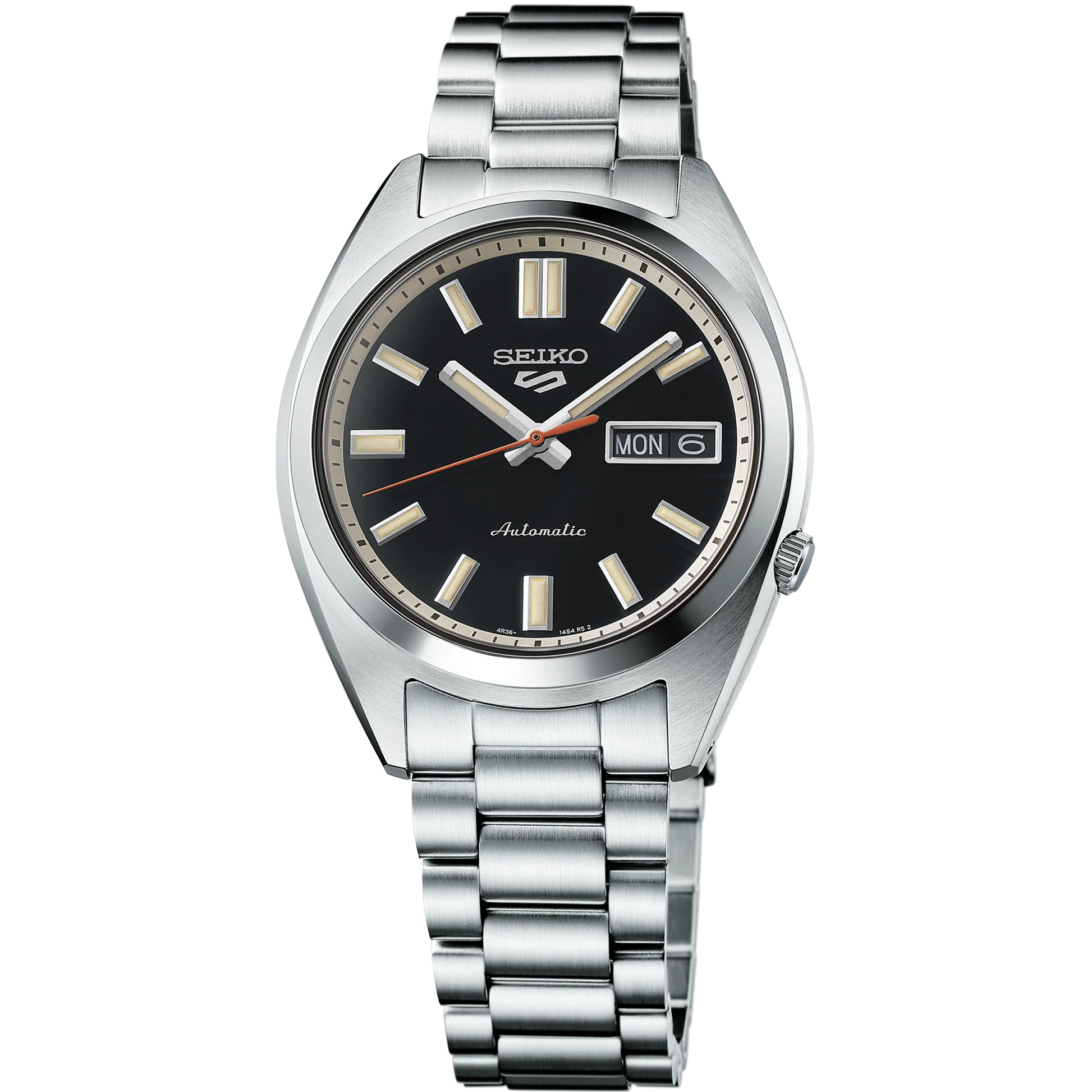 SEIKO SRPK89 from the Seiko 5 Sports collection – compact black dial with diamond-cut indices, day/date display, stainless steel case and bracelet, automatic movement, and 100m water resistance