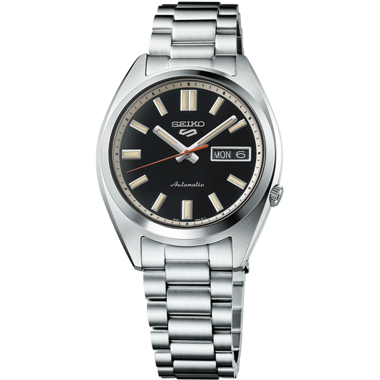 SEIKO SRPK89 from the Seiko 5 Sports collection – compact black dial with diamond-cut indices, day/date display, stainless steel case and bracelet, automatic movement, and 100m water resistance