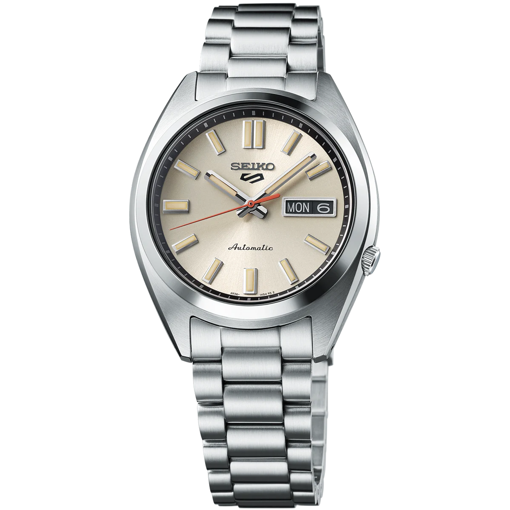 Seiko SRPK91 – ivory dial automatic watch from Seiko 5 Sports with diamond-cut indices, curved Hardlex crystal, see-through caseback, and 100m water resistance.
