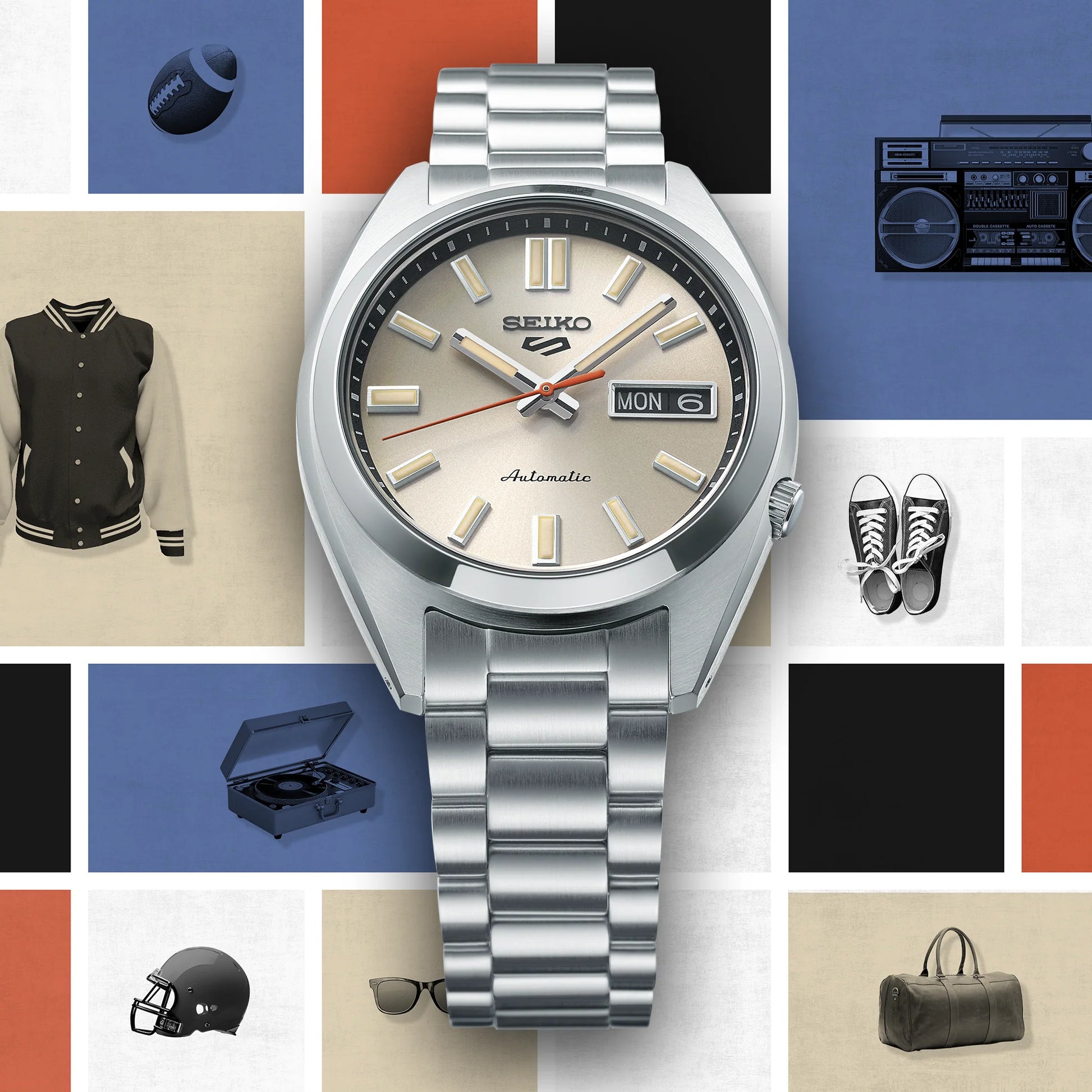 Seiko SRPK91 – ivory dial automatic watch from Seiko 5 Sports with diamond-cut indices, curved Hardlex crystal, see-through caseback, and 100m water resistance.