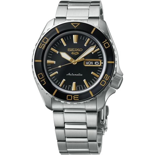 Seiko 5 Sports SRPK99 – black dial with gold accents, rotating bezel, stainless steel case and bracelet, automatic 4R36 movement, and see-through caseback with 100m water resistance