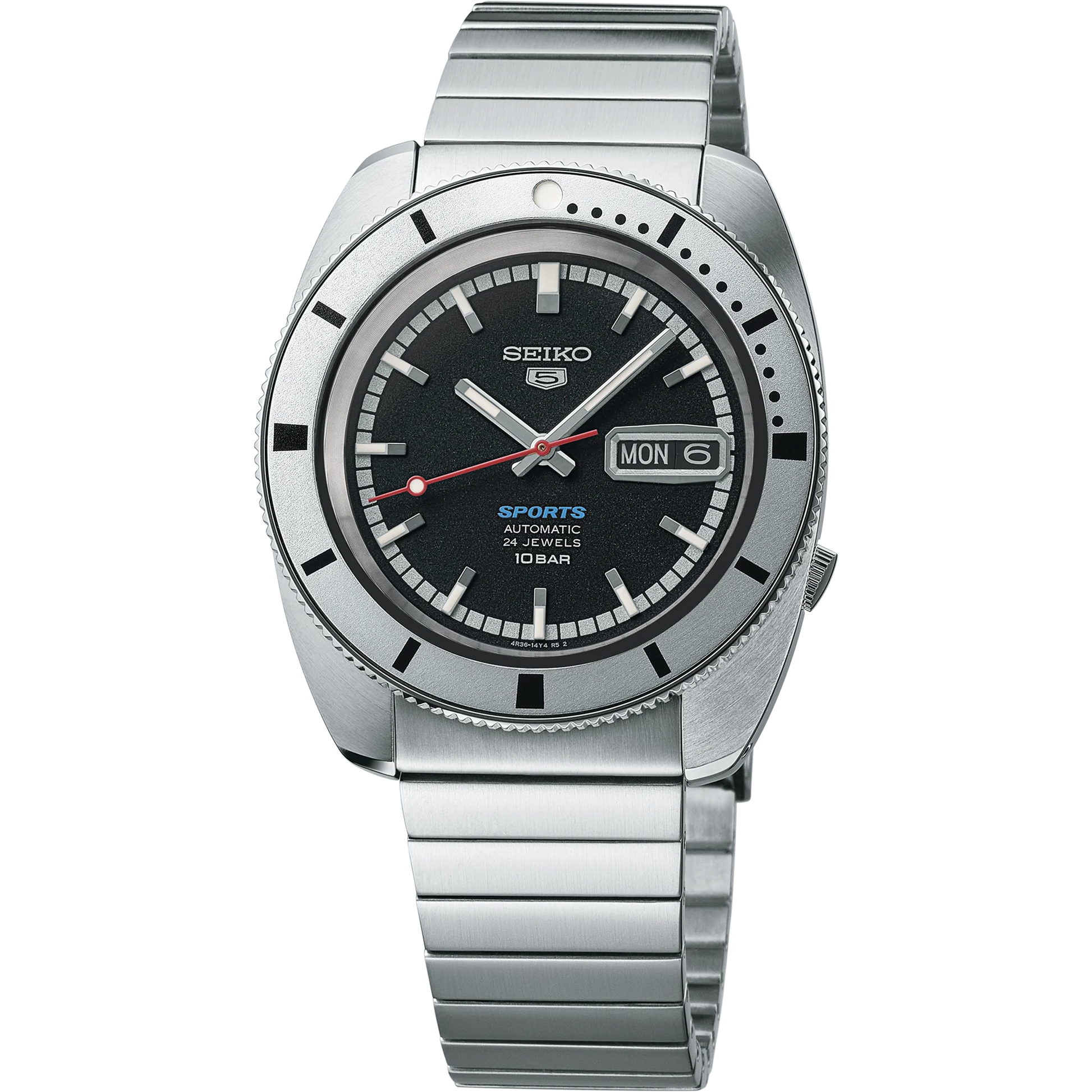 Seiko 5 Sports SRPL05 Limited Edition – vintage-inspired black dial with red second hand, silver rotating bezel, automatic movement, stainless steel and leather straps, 100m water resistance.