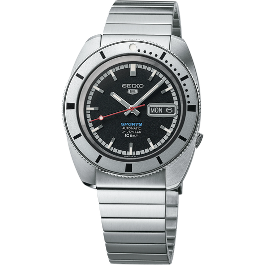 Seiko 5 Sports SRPL05 Limited Edition – vintage-inspired black dial with red second hand, silver rotating bezel, automatic movement, stainless steel and leather straps, 100m water resistance.