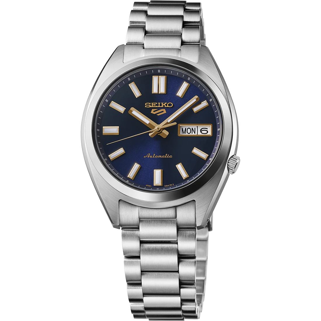 Seiko 5 Sports SRPL55 automatic watch with a 37.4 mm stainless steel case, deep blue sunray dial, and gold-tone diamond-cut indices. Features day/date display, LumiBrite-coated hands, curved Hardlex crystal, and stainless steel bracelet with tri-fold push button clasp. Powered by Caliber 4R36 automatic movement with manual winding, 24 jewels, 41-hour power reserve, and screwdown see-through caseback. Water resistant to 100 meters (10 bar).