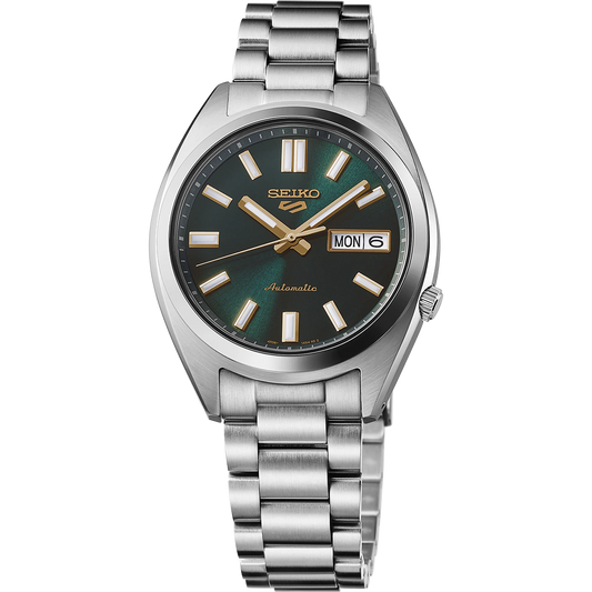 Seiko 5 Sports SRPL57 automatic watch featuring a 37.4 mm stainless steel case, deep green sunray dial with gold-tone diamond-cut indices, and metallic minute track. Includes day/date display, LumiBrite-coated hands, curved Hardlex crystal, and stainless steel bracelet with tri-fold push button clasp. Powered by Caliber 4R36 automatic movement with manual winding, 24 jewels, 41-hour power reserve, and screwdown see-through caseback. Water resistant to 100 meters (10 bar).