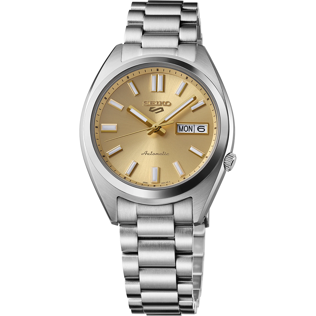 Seiko 5 Sports SRPL59 automatic watch featuring a 37.4 mm stainless steel case, gold sunray dial, and diamond-cut gold-tone indices. Includes day/date display, LumiBrite hands, curved Hardlex crystal, and stainless steel bracelet with tri-fold push button clasp. Powered by Caliber 4R36 automatic movement with manual winding, 24 jewels, 41-hour power reserve, and see-through screwdown caseback. Water resistant to 100 meters (10 bar)