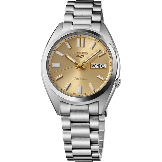 Seiko 5 Sports SRPL59 automatic watch featuring a 37.4 mm stainless steel case, gold sunray dial, and diamond-cut gold-tone indices. Includes day/date display, LumiBrite hands, curved Hardlex crystal, and stainless steel bracelet with tri-fold push button clasp. Powered by Caliber 4R36 automatic movement with manual winding, 24 jewels, 41-hour power reserve, and see-through screwdown caseback. Water resistant to 100 meters (10 bar)