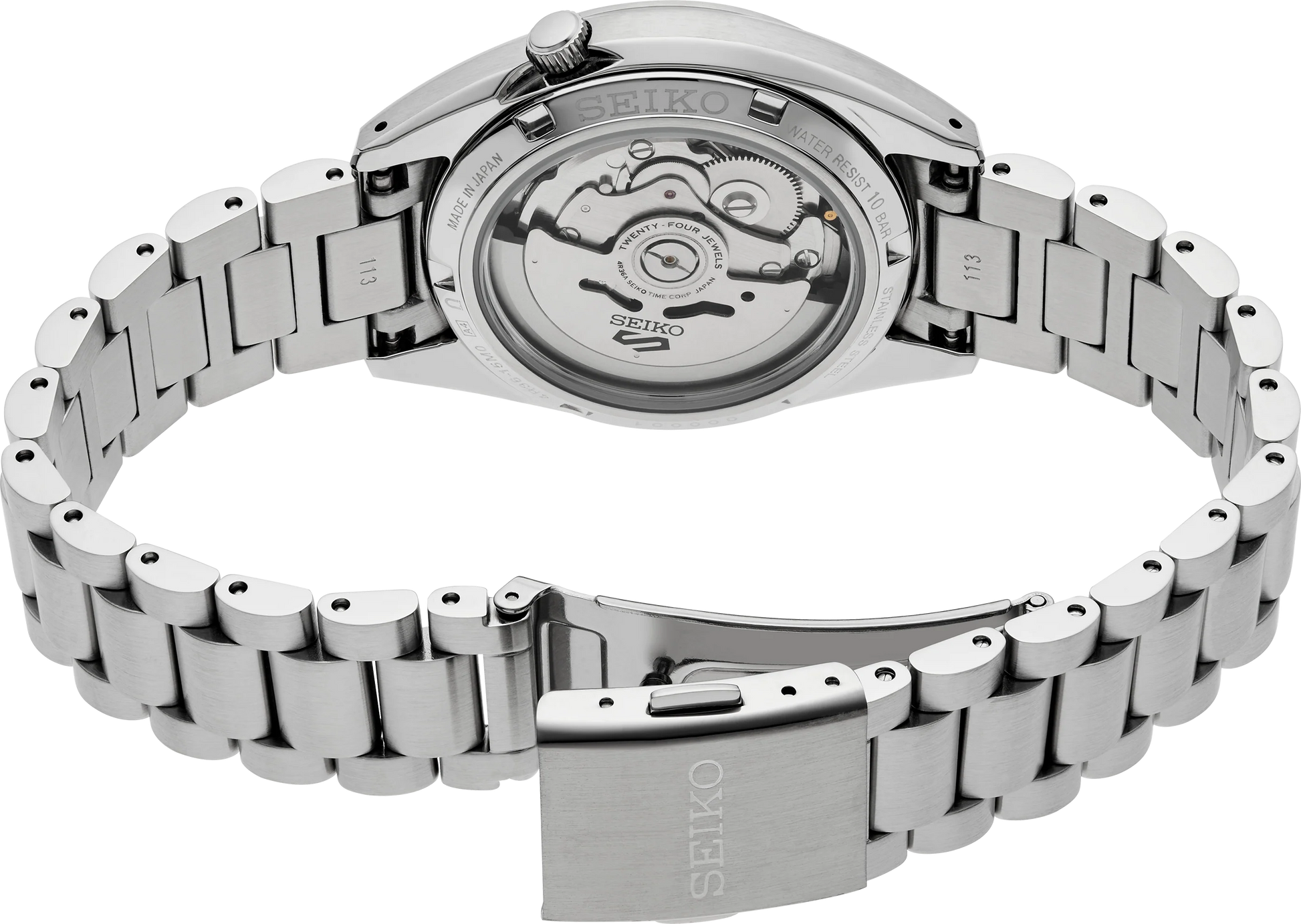 Silver Seiko watch with metal bracelet on a white background