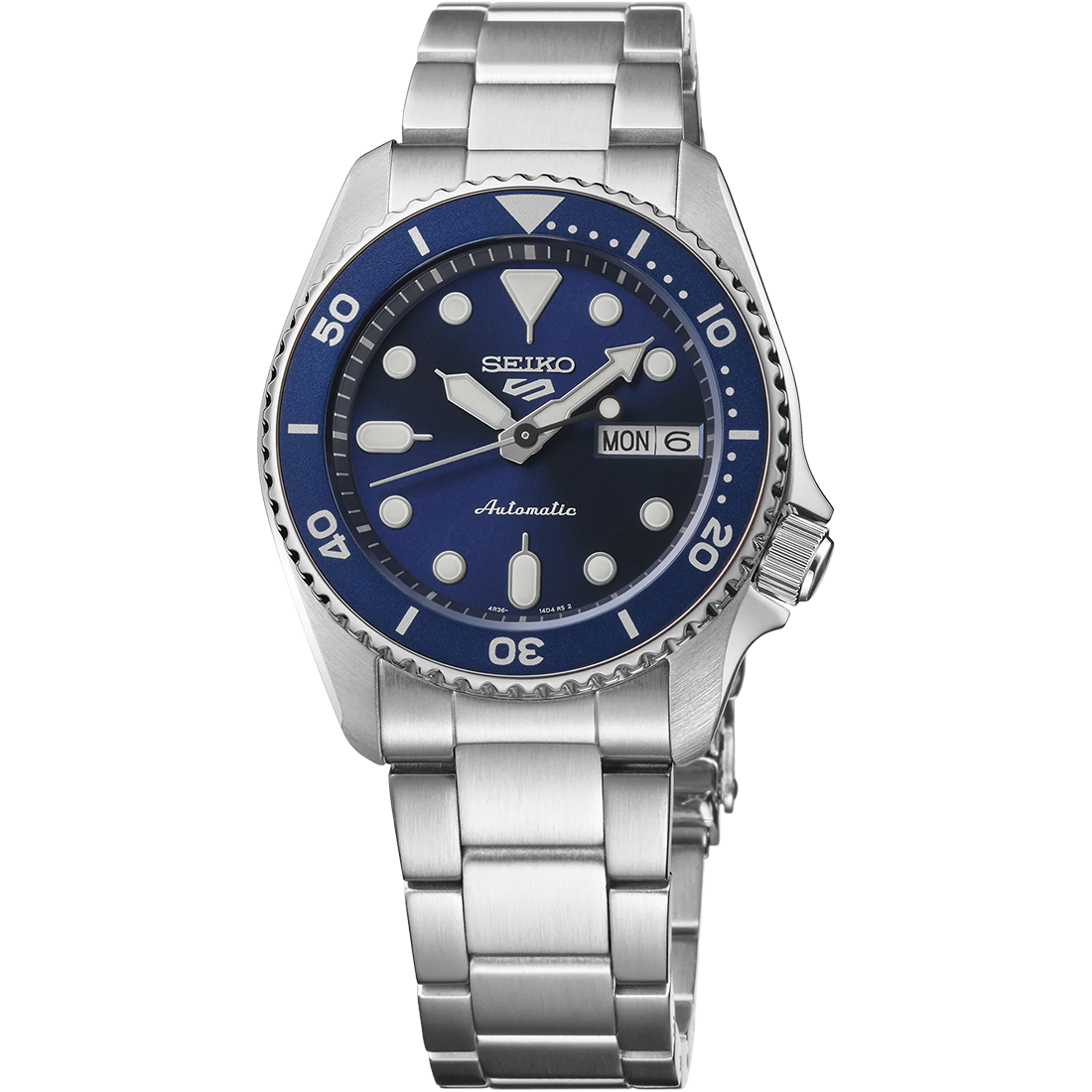 Seiko 5 Sports SRPL77 SKX Mid-Size automatic watch with 38 mm stainless steel case, navy blue dial, luminous hands and markers, blue unidirectional rotating bezel, Hardlex crystal, stainless steel three-row bracelet with tri-fold clasp, screwdown see-through caseback, and Caliber 4R36 automatic movement with 24 jewels, 41-hour power reserve, and day/date display. Water resistant to 100 meters.