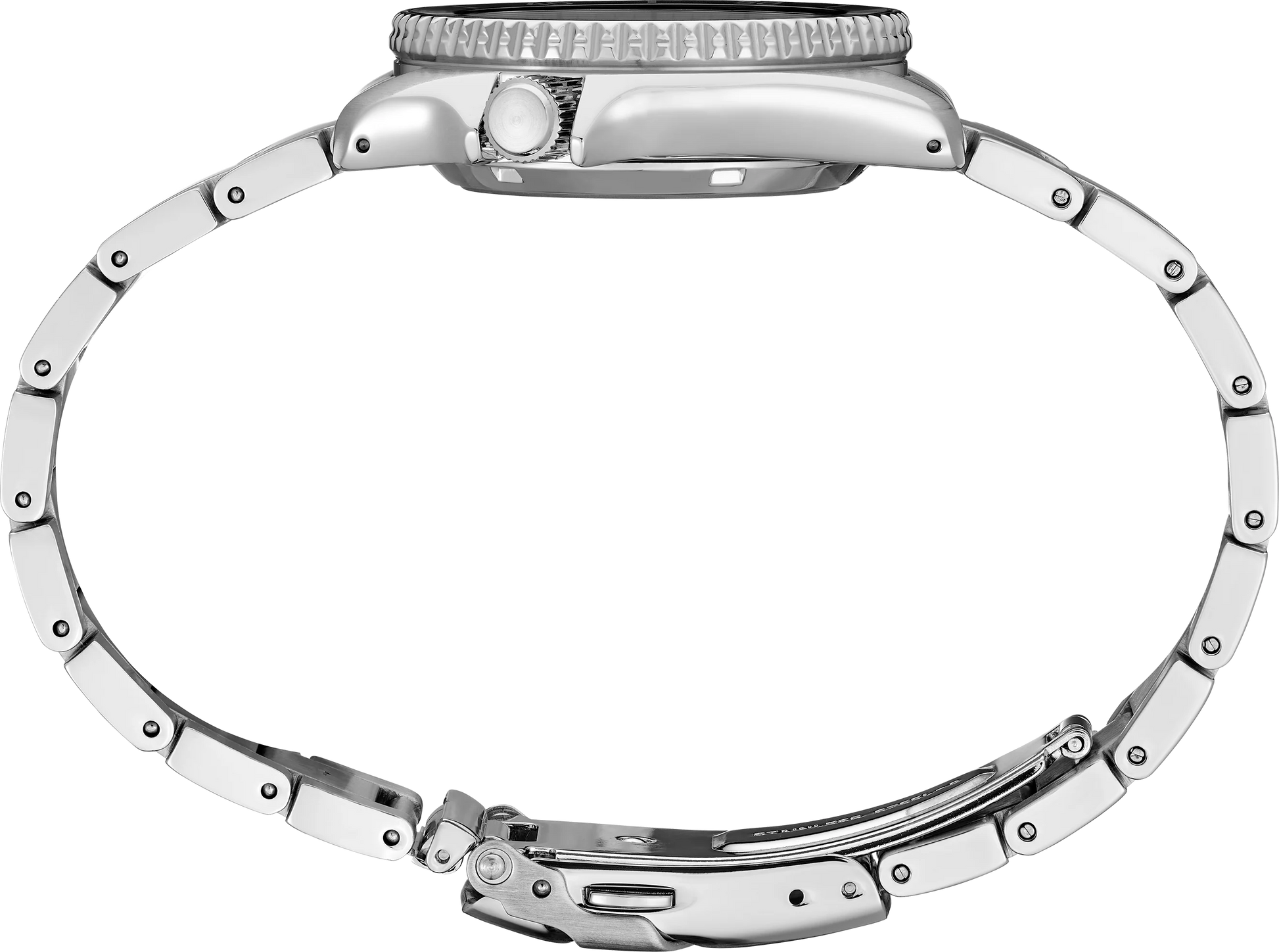 Close-up of a silver watch band on a white background
