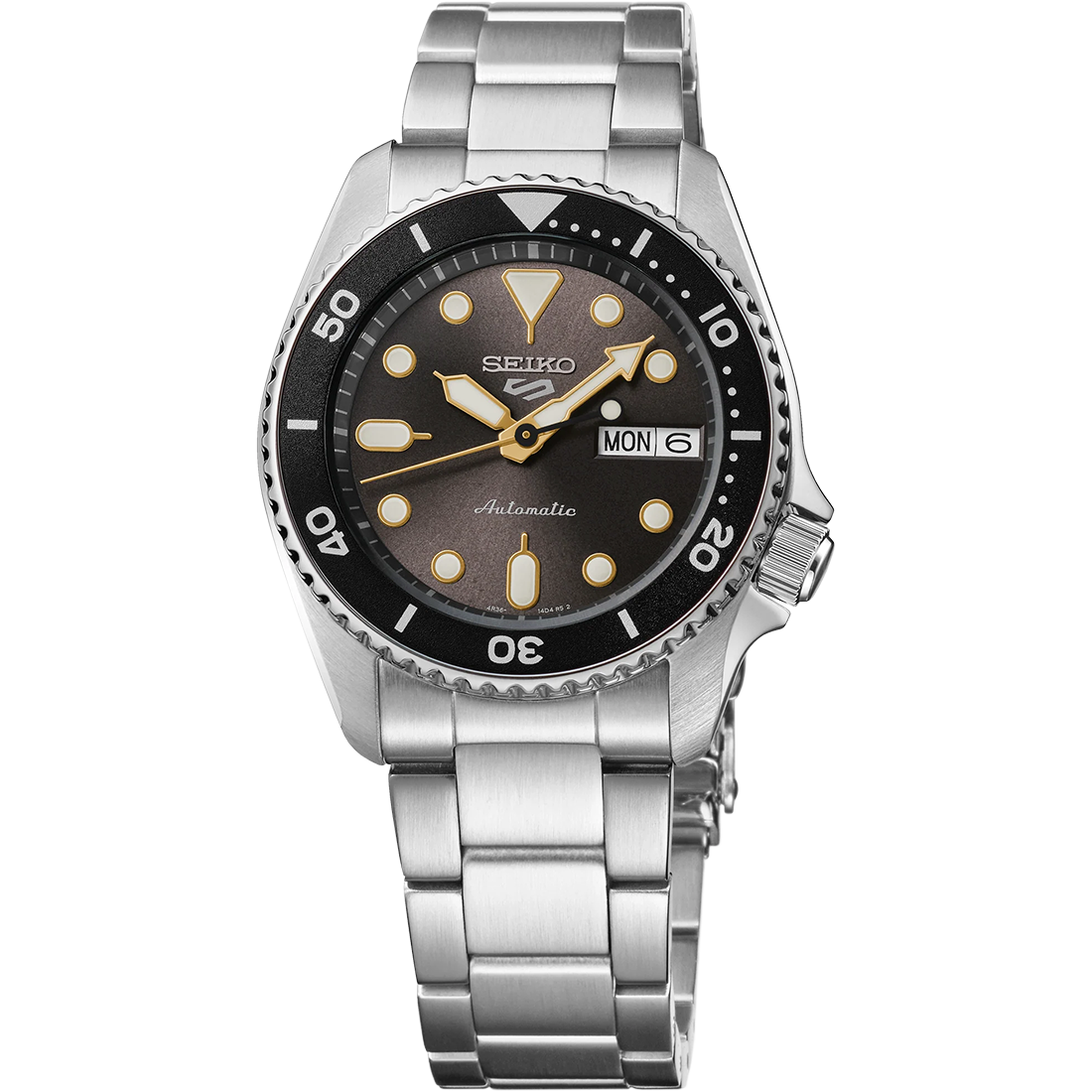 Seiko 5 Sports SRPL79 SKX Mid-Size automatic watch with 38 mm stainless steel case, charcoal gray dial with gold-tone accents, black unidirectional rotating bezel, Hardlex crystal, luminous hands and markers, stainless steel three-row bracelet with tri-fold clasp, and screwdown see-through caseback. Powered by Caliber 4R36 automatic movement with 24 jewels, 41-hour power reserve, and day/date display. Water resistant to 100 meters.
