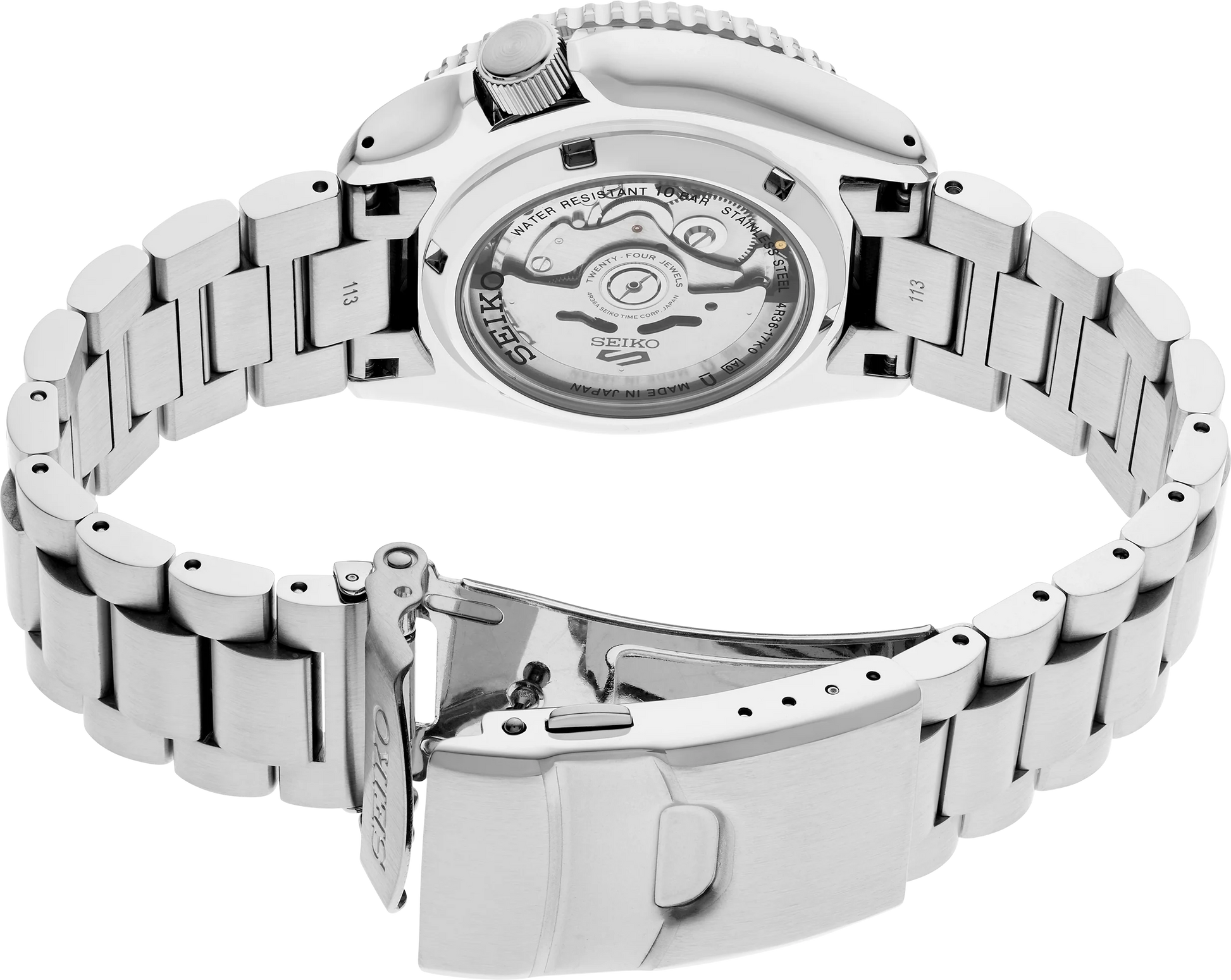 SEIKO 5 Sports SRPL85 SKX Sports Style – black dial and bezel, stainless steel bracelet, automatic movement, and 100m water resistance.
