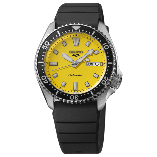 SEIKO 5 Sports SRPL87 SKX Sports Style – bold yellow dial, black rotating bezel, black silicone strap, automatic movement, and 100m water resistance.
