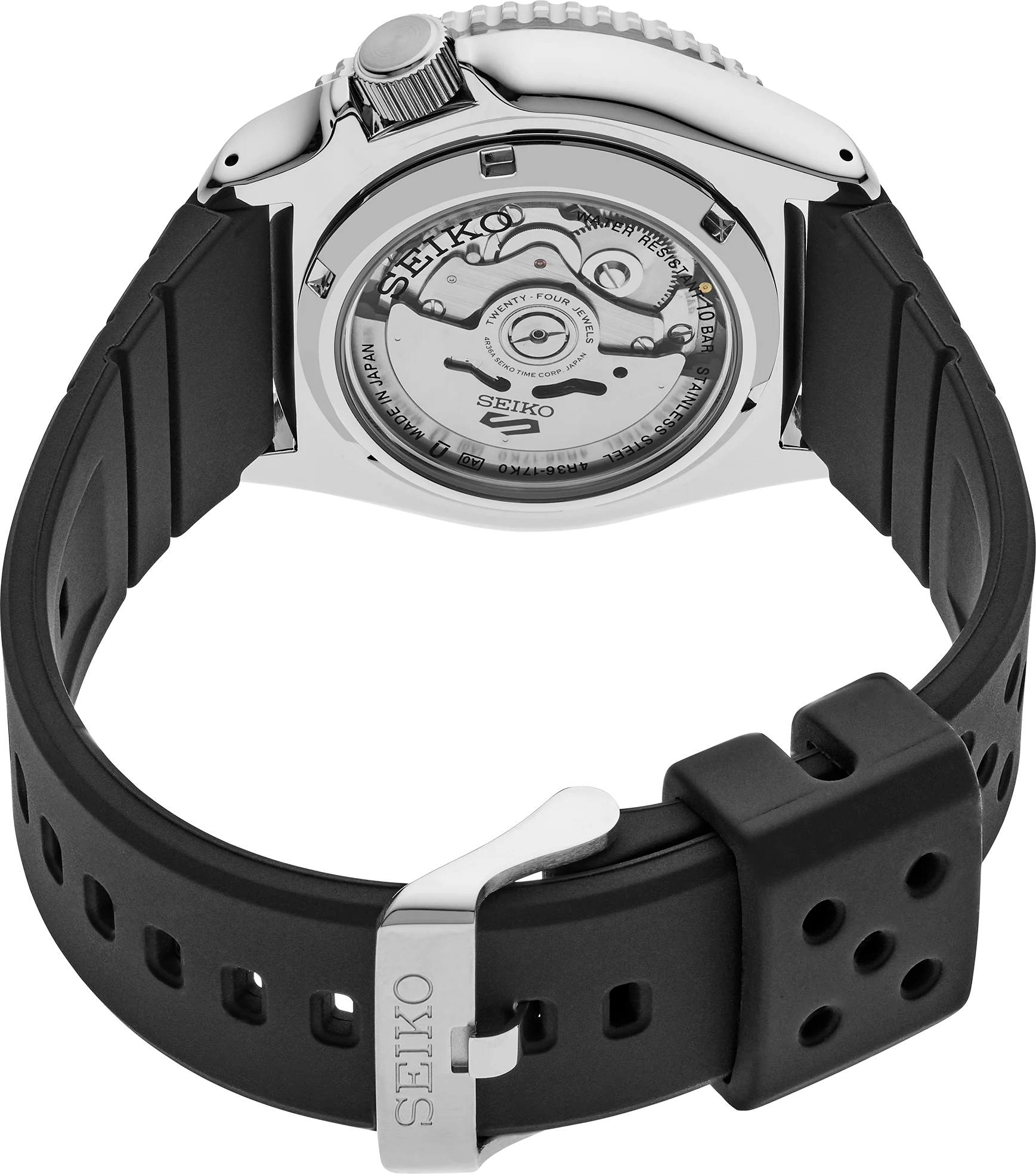 SEIKO 5 Sports SRPL87 SKX Sports Style – bold yellow dial, black rotating bezel, black silicone strap, automatic movement, and 100m water resistance.