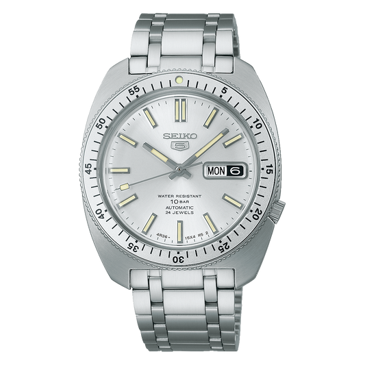 Seiko 5 Sports SRPL91 – limited-edition SKX-inspired automatic watch with silver sunray dial, rotating bezel, curved Hardlex crystal, and engraved caseback.
