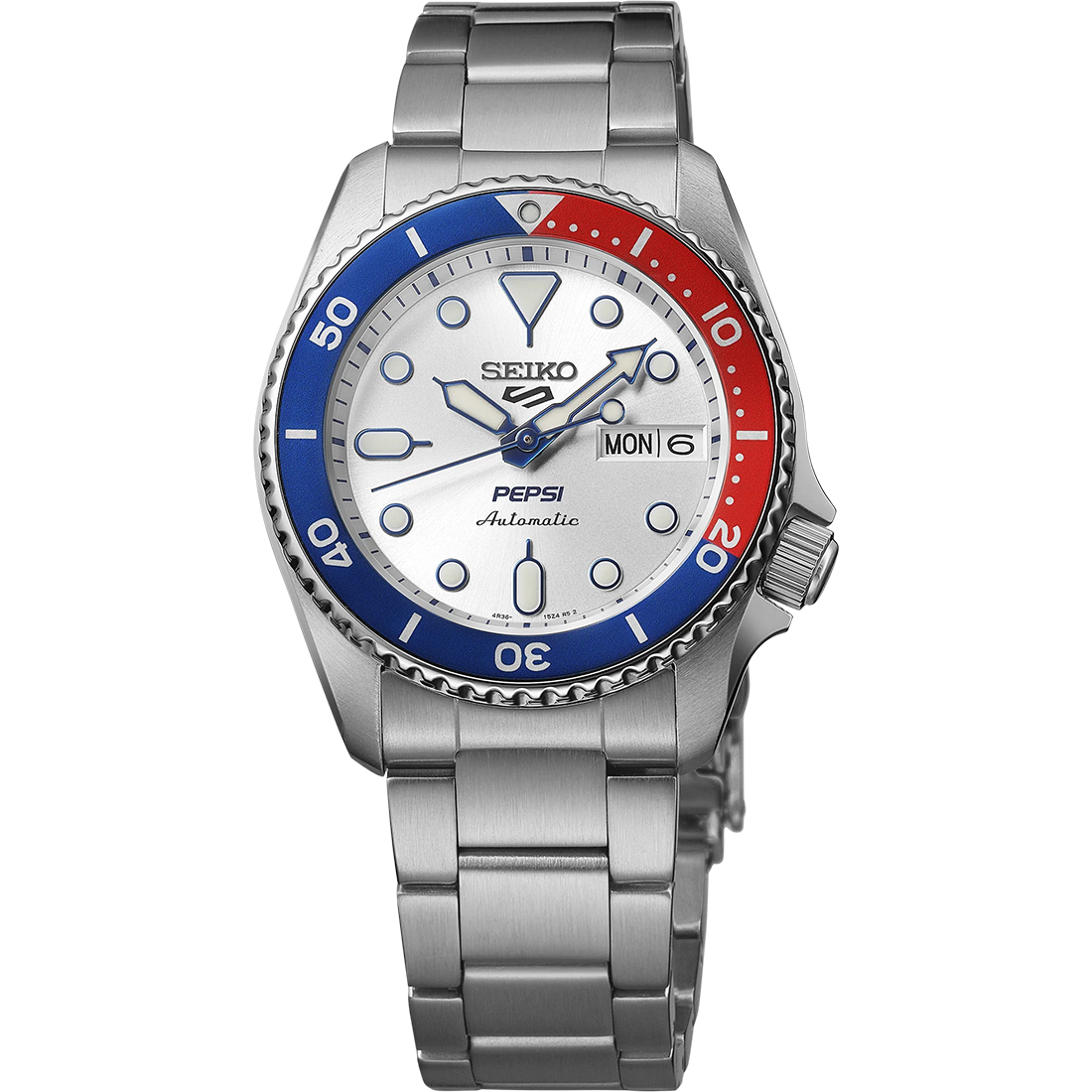 Seiko 5 Sports x Pepsi Limited Edition SRPL99 automatic watch. Features a 38 mm stainless steel case with silver dial, blue second hand, and red-and-blue Pepsi rotating bezel. Includes luminous hands and markers, magnified day/date display, and see-through caseback engraved with Pepsi logo and serial number. Powered by Caliber 4R36 automatic movement with manual winding and 41-hour power reserve. Comes with stainless steel bracelet and 100-meter water resistance.