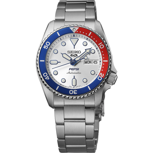 Seiko 5 Sports x Pepsi Limited Edition SRPL99 automatic watch. Features a 38 mm stainless steel case with silver dial, blue second hand, and red-and-blue Pepsi rotating bezel. Includes luminous hands and markers, magnified day/date display, and see-through caseback engraved with Pepsi logo and serial number. Powered by Caliber 4R36 automatic movement with manual winding and 41-hour power reserve. Comes with stainless steel bracelet and 100-meter water resistance.