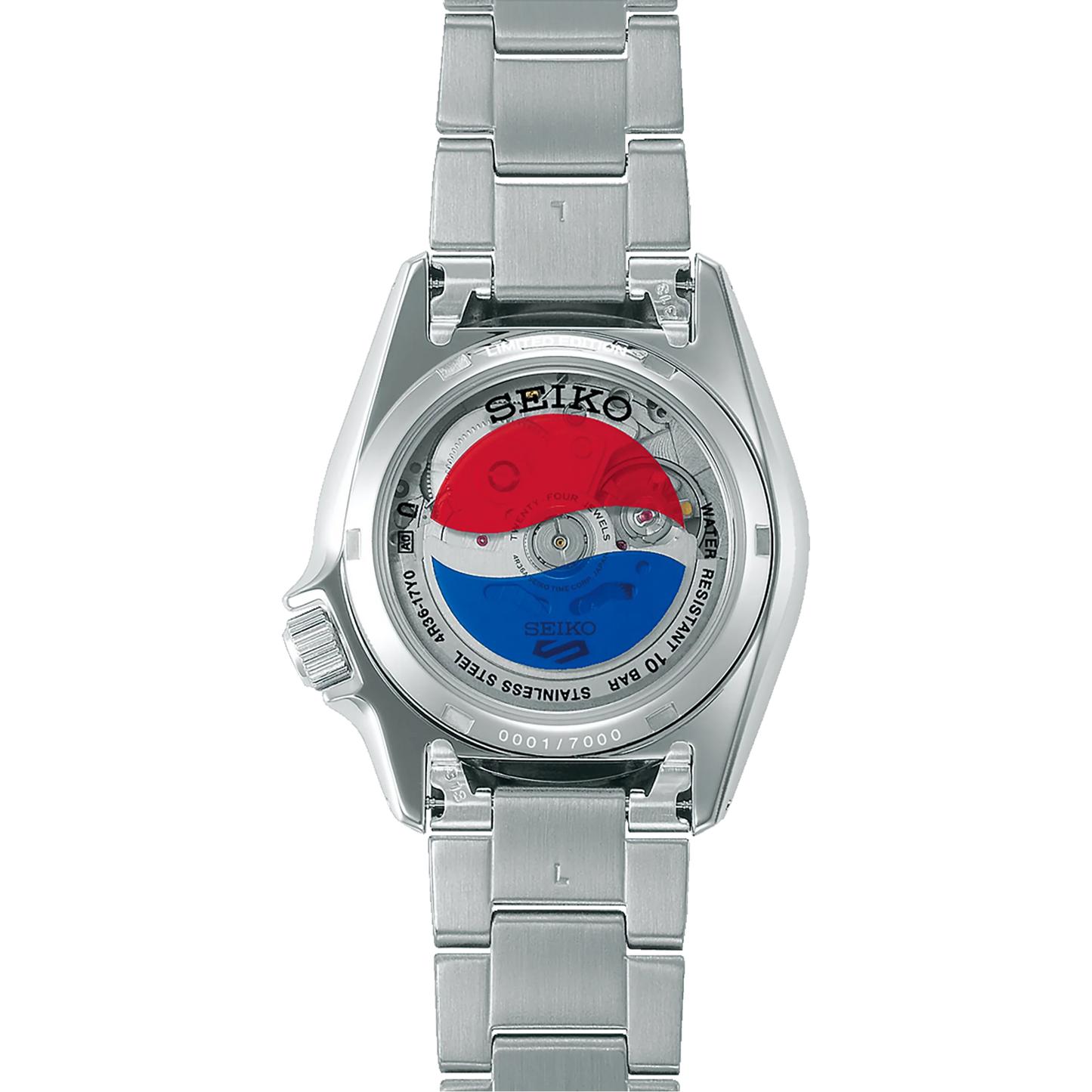 Silver Seiko watch with a unique face design on a white background