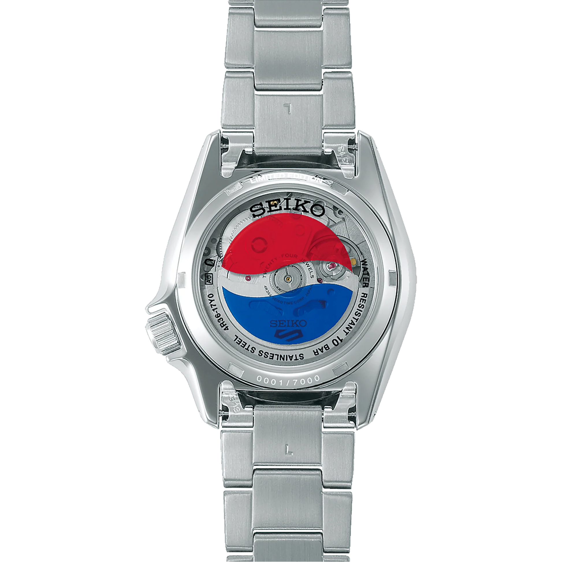 Silver Seiko watch with a unique face design on a white background