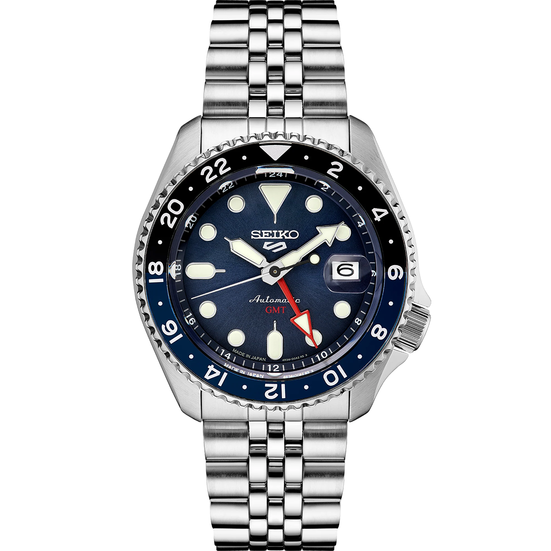 Seiko 5 Sports SSK003 automatic GMT watch with a blue dial, blue and black 24-hour GMT bezel, luminous hands and markers, stainless steel case and bracelet, and SKX sports-style design.