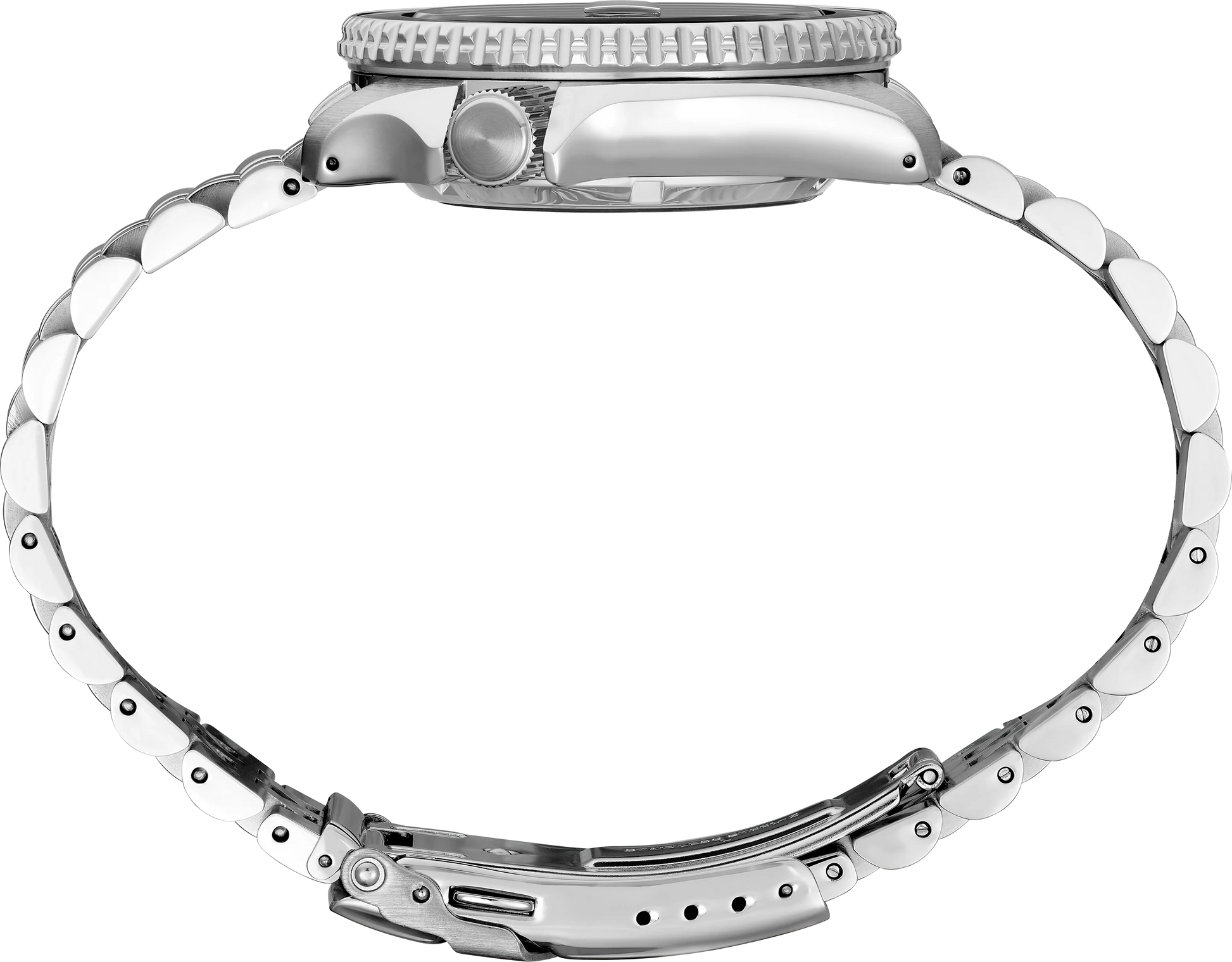 Close-up of a silver watch with a detailed metal band on a white background