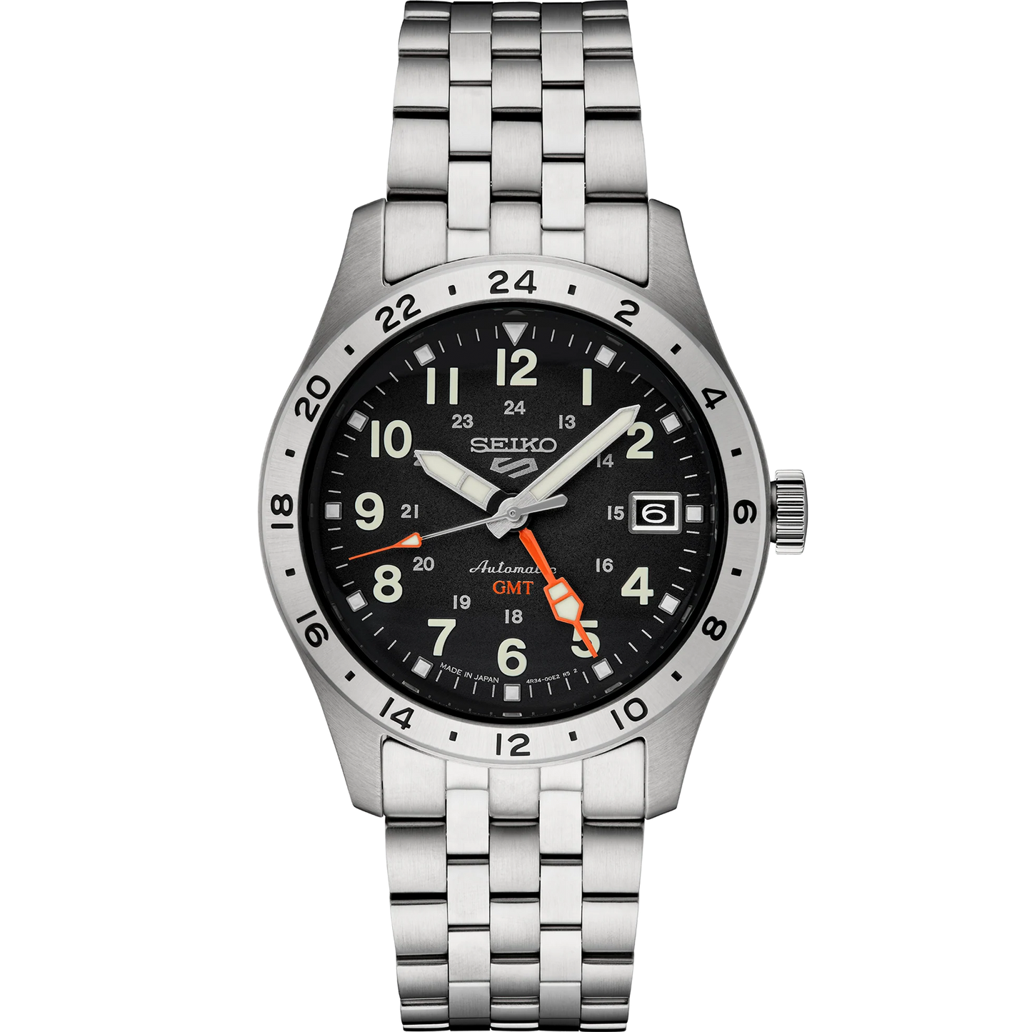 Seiko 5 Sports Field GMT SSK023 men’s stainless steel automatic watch with black dial, red-orange GMT hand, gray 24-hour bezel, luminous hands and markers, curved Hardlex crystal, five-row bracelet, screwdown see-through caseback, and 100 m water resistance. Powered by Caliber 4R34 automatic GMT movement.