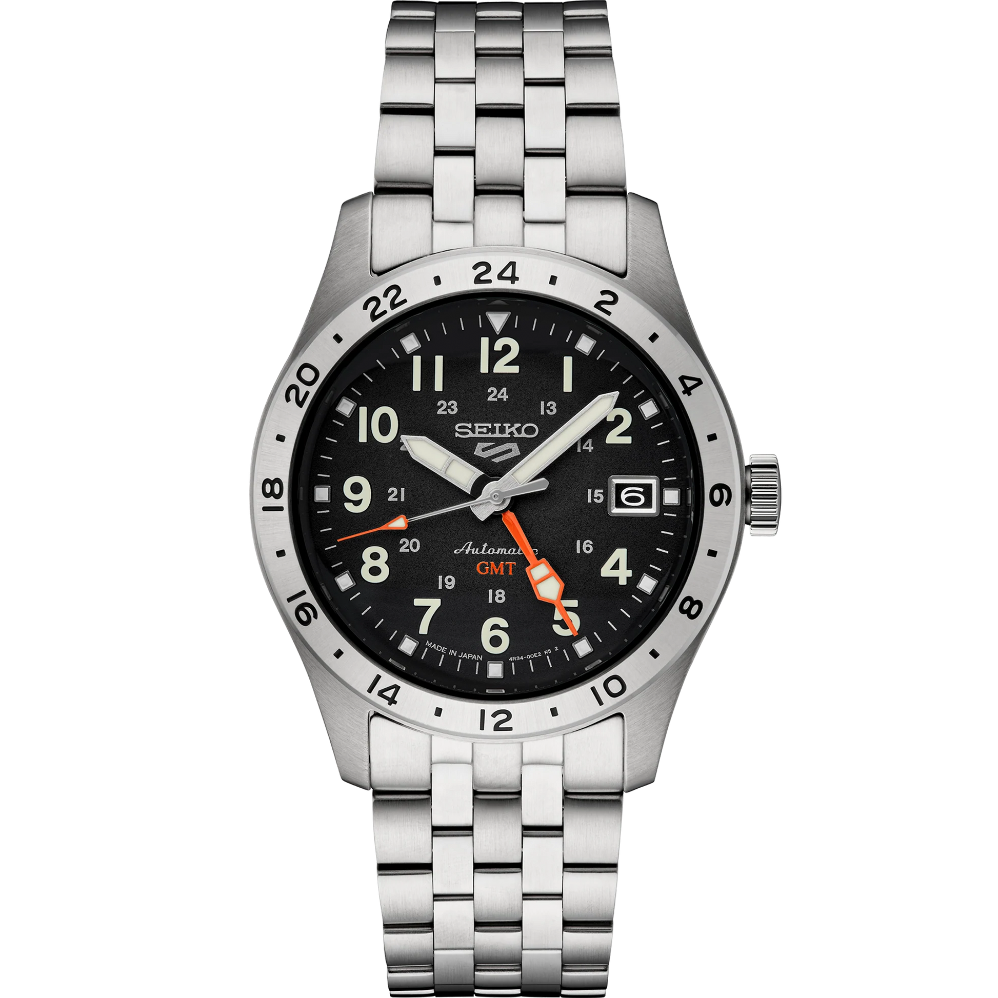 Seiko 5 Sports Field GMT SSK023 men’s stainless steel automatic watch with black dial, red-orange GMT hand, gray 24-hour bezel, luminous hands and markers, curved Hardlex crystal, five-row bracelet, screwdown see-through caseback, and 100 m water resistance. Powered by Caliber 4R34 automatic GMT movement.