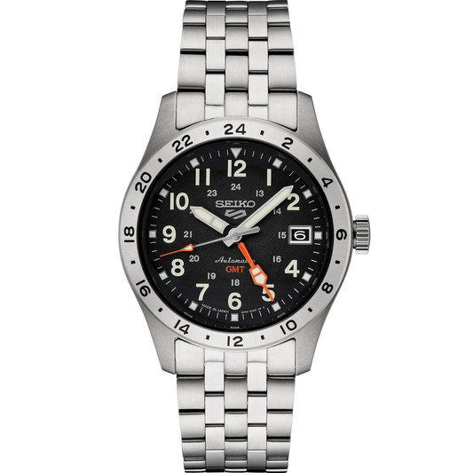 Seiko 5 Sports Field GMT SSK023 men’s stainless steel automatic watch with black dial, red-orange GMT hand, gray 24-hour bezel, luminous hands and markers, curved Hardlex crystal, five-row bracelet, screwdown see-through caseback, and 100 m water resistance. Powered by Caliber 4R34 automatic GMT movement.
