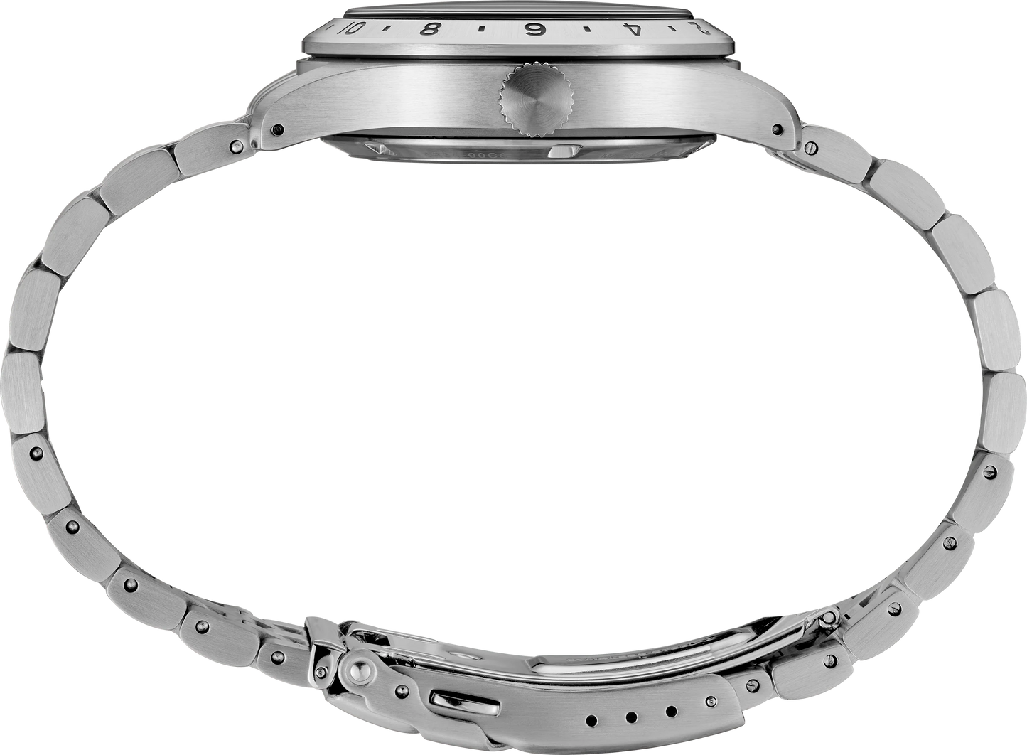 Close-up of a silver watch with a detailed band on a white background
