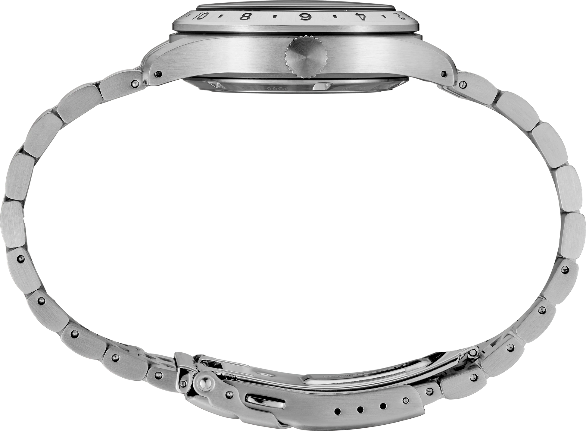 Close-up of a silver watch with a detailed band on a white background