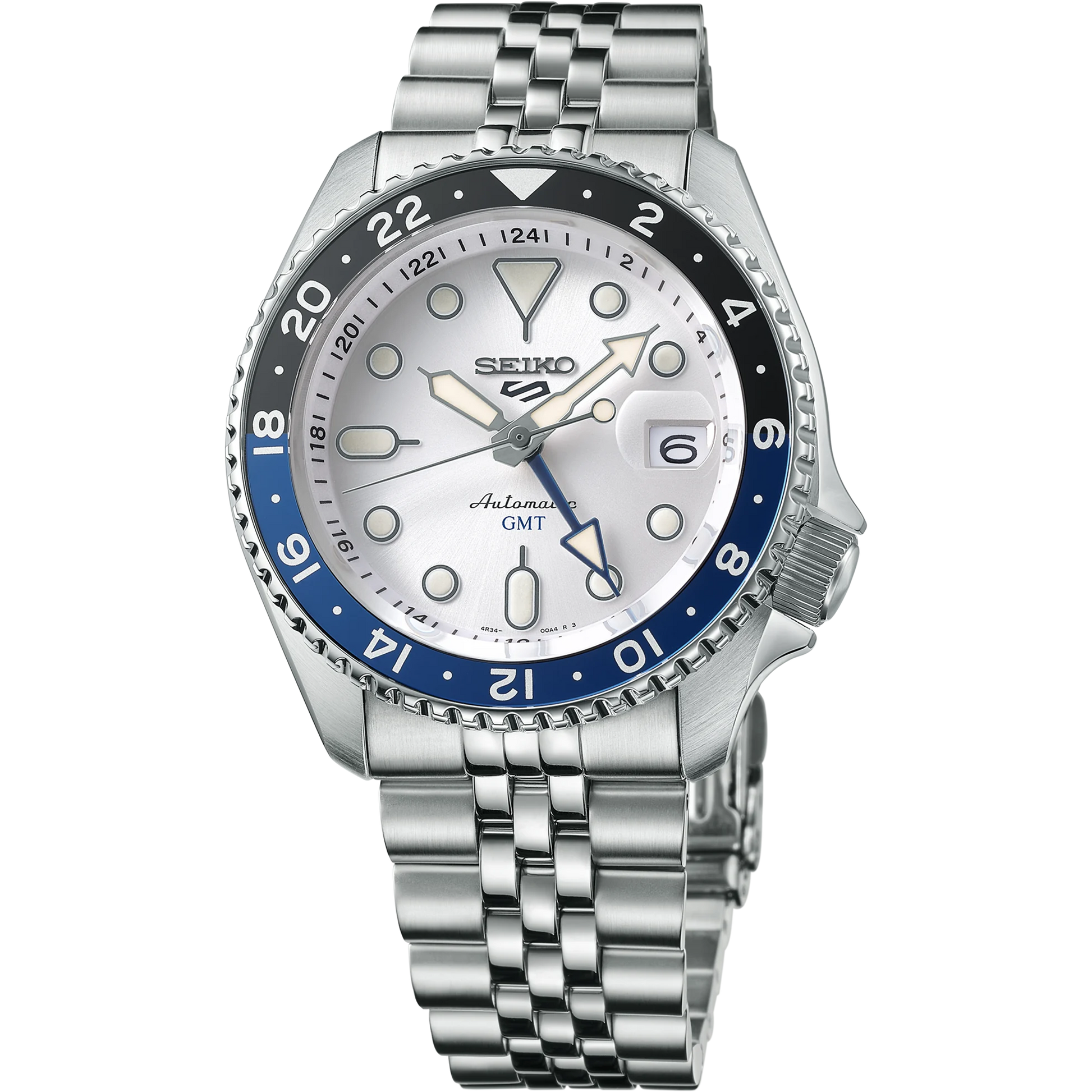 Seiko SSK033 GMT automatic watch with silver sunray dial, dual-tone blue and black 24-hour bezel, luminous hands, magnified date display, and stainless steel five-row bracelet — SKX-inspired GMT model available at Miseki Jewelry