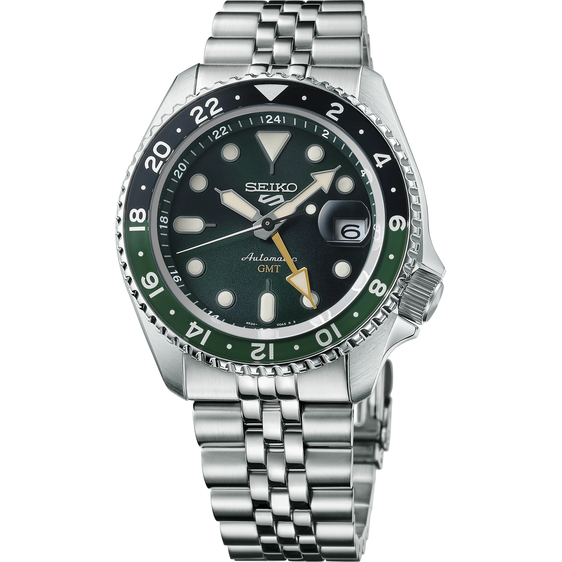 SEIKO SSK035 GMT Automatic Watch – Green Dial with Bi-Color Black and Green Bezel, 42.5mm, Stainless Steel Bracelet, 100M Water Resistant