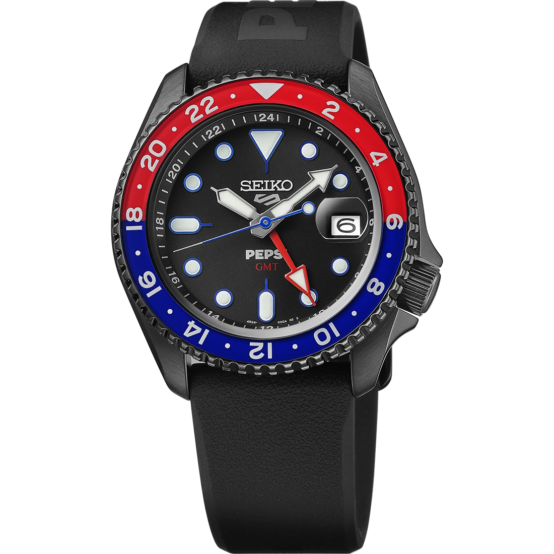 Seiko 5 Sports x Pepsi Limited Edition SSK047 automatic GMT watch. Features a 42.5 mm stainless steel case with black hard coating, black dial with blue and red Pepsi accents, and a bi-color 24-hour GMT bezel. Includes red GMT hand, luminous markers, magnified date at 3 o’clock, and see-through caseback engraved with Pepsi logo and serial number. Comes with black silicone strap, powered by Caliber 4R34 automatic GMT movement with 41-hour power reserve, and 100-meter water resistance.